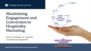 Hand holding a flowchart for social media marketing with steps: Adjust, Measure Progress, Set Goals, Determine Audience, Choose Platform, Create Content, and Implement.