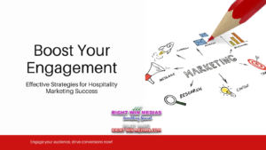 Marketing graphic with the text "Boost Your Engagement. Effective Strategies for Hospitality Marketing Success" and related icons.