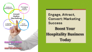 Hand pointing to social media marketing diagram, adjacent to text about engaging and boosting hospitality business success.