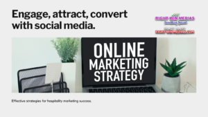 Laptop screen displaying "Online Marketing Strategy" with surrounding plants, desk organizer, and text promoting social media engagement.