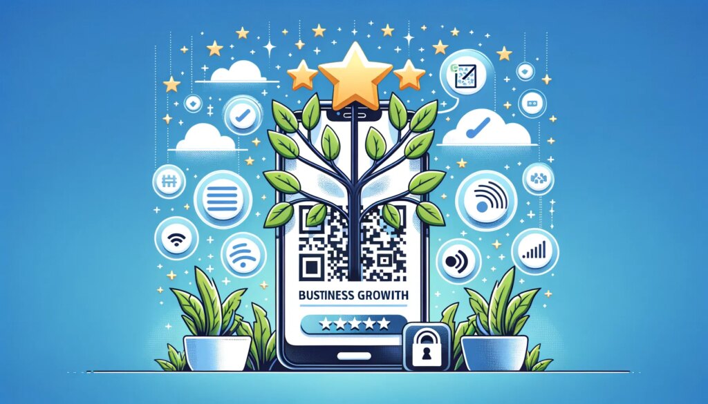 Smartphone with QR code and plant, representing business growth, surrounded by digital icons and stars on a blue background.