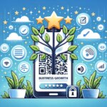 Smartphone with QR code and plant, representing business growth, surrounded by digital icons and stars on a blue background.